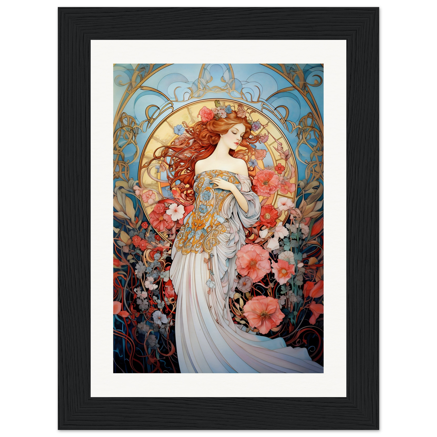 Art Nouveau-style painting of a woman surrounded by flowers and ornate decorative elements.