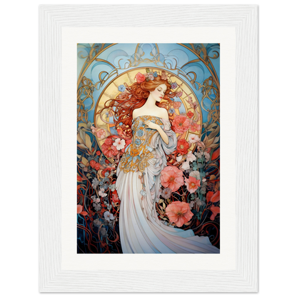 Art Nouveau-style painting of a woman surrounded by flowers and ornate decorative elements.