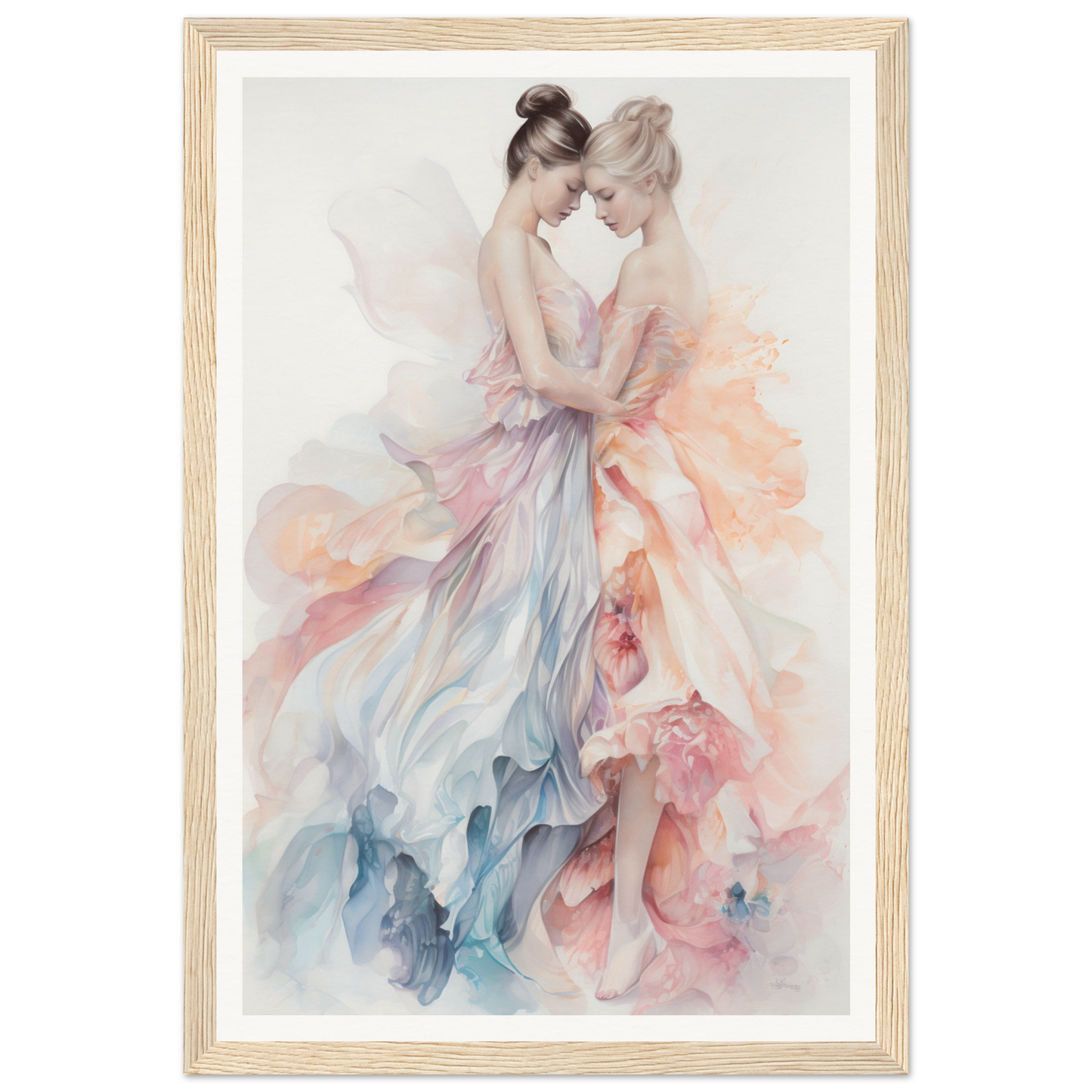 Watercolor painting of two ballet dancers in flowing, pastel-colored dresses.