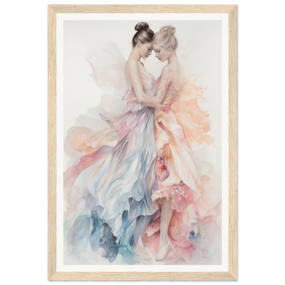 Watercolor painting of two ballet dancers in flowing, pastel-colored dresses.