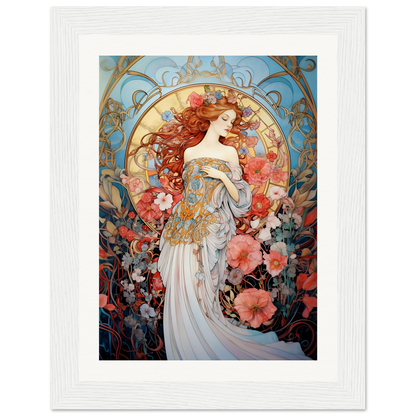 Art Nouveau-style painting of a woman surrounded by vibrant flowers and ornate decorative elements.