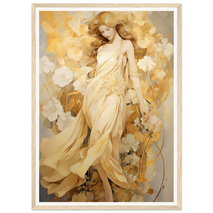 Ethereal female figure in flowing golden dress surrounded by abstract floral elements.