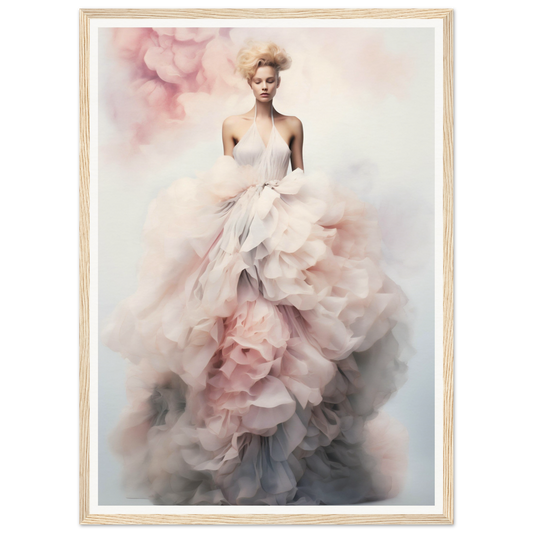 Ethereal woman in a flowing, voluminous gown with soft pink and white ruffles.