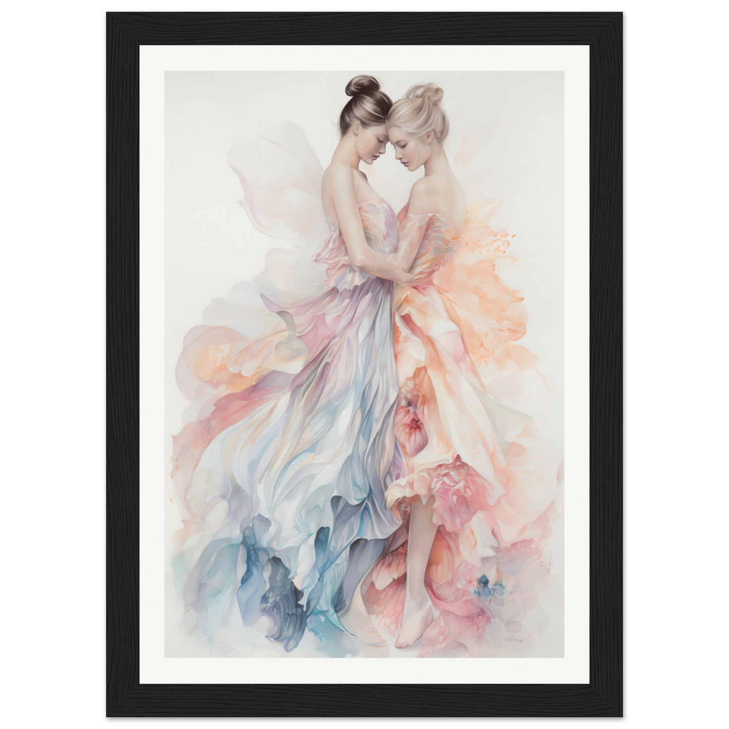 Watercolor painting of two ballet dancers in flowing pastel-colored dresses embracing.