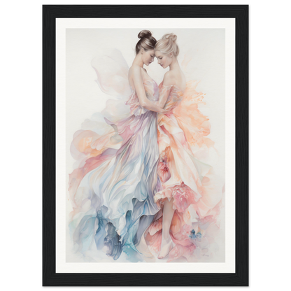 Watercolor painting of two ballet dancers in flowing pastel-colored dresses embracing.