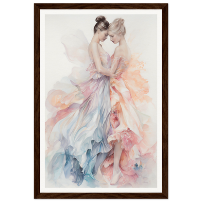 Watercolor painting of two ballet dancers in flowing pastel-colored dresses.