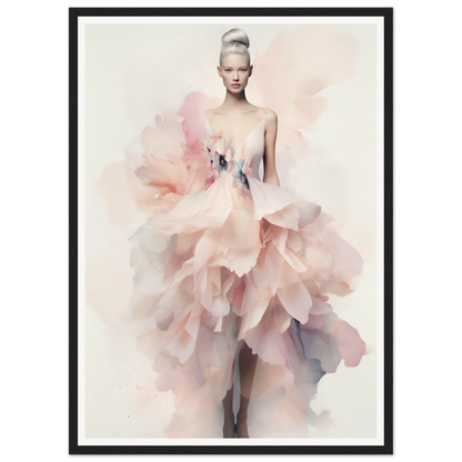 Ethereal fashion illustration of a model wearing a voluminous pale pink gown with petal-like layers.