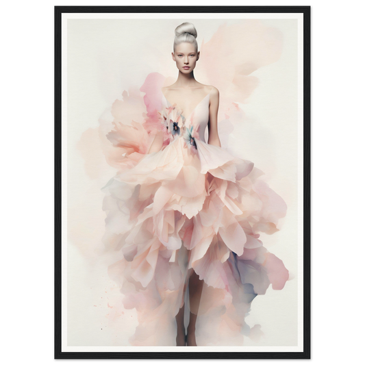 Ethereal fashion illustration of a model wearing a voluminous pale pink gown with petal-like layers.