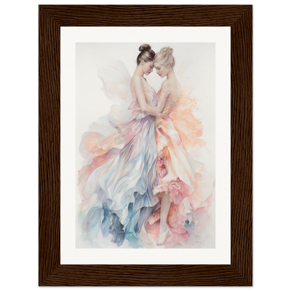 Watercolor painting of two ballet dancers in flowing, colorful dresses.