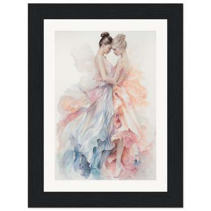 Watercolor painting of two ballet dancers in flowing pastel-colored dresses.