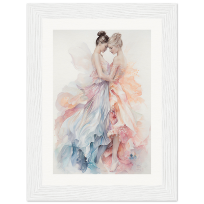 Watercolor painting of two ballet dancers in flowing pastel-colored dresses.