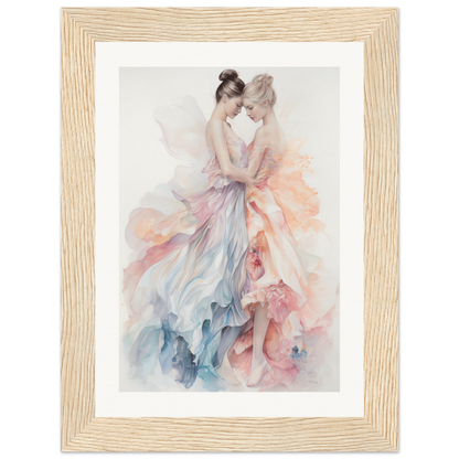 Framed watercolor painting of two ballet dancers in flowing, colorful dresses.