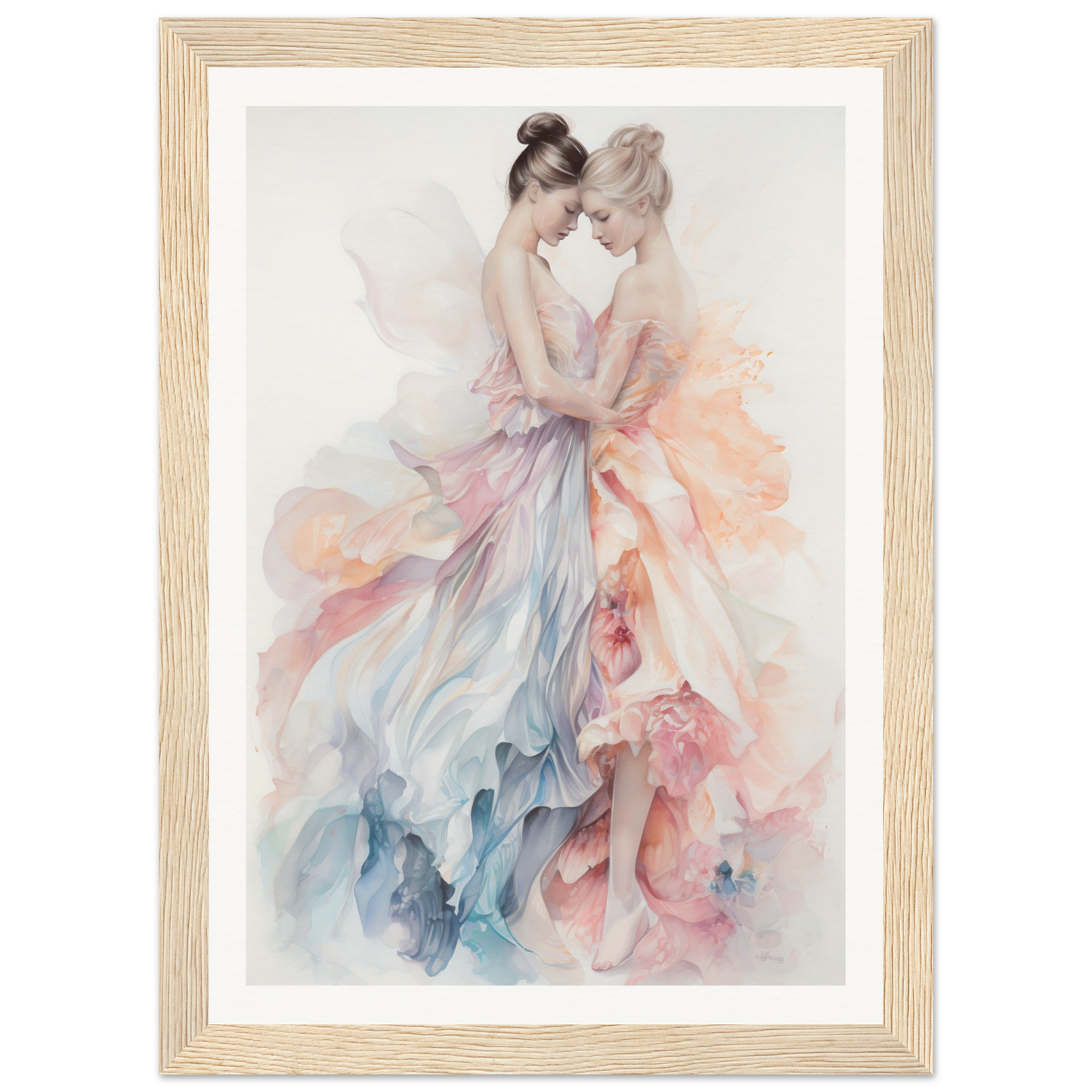 Watercolor painting of two ballet dancers in flowing, pastel-colored dresses embracing.