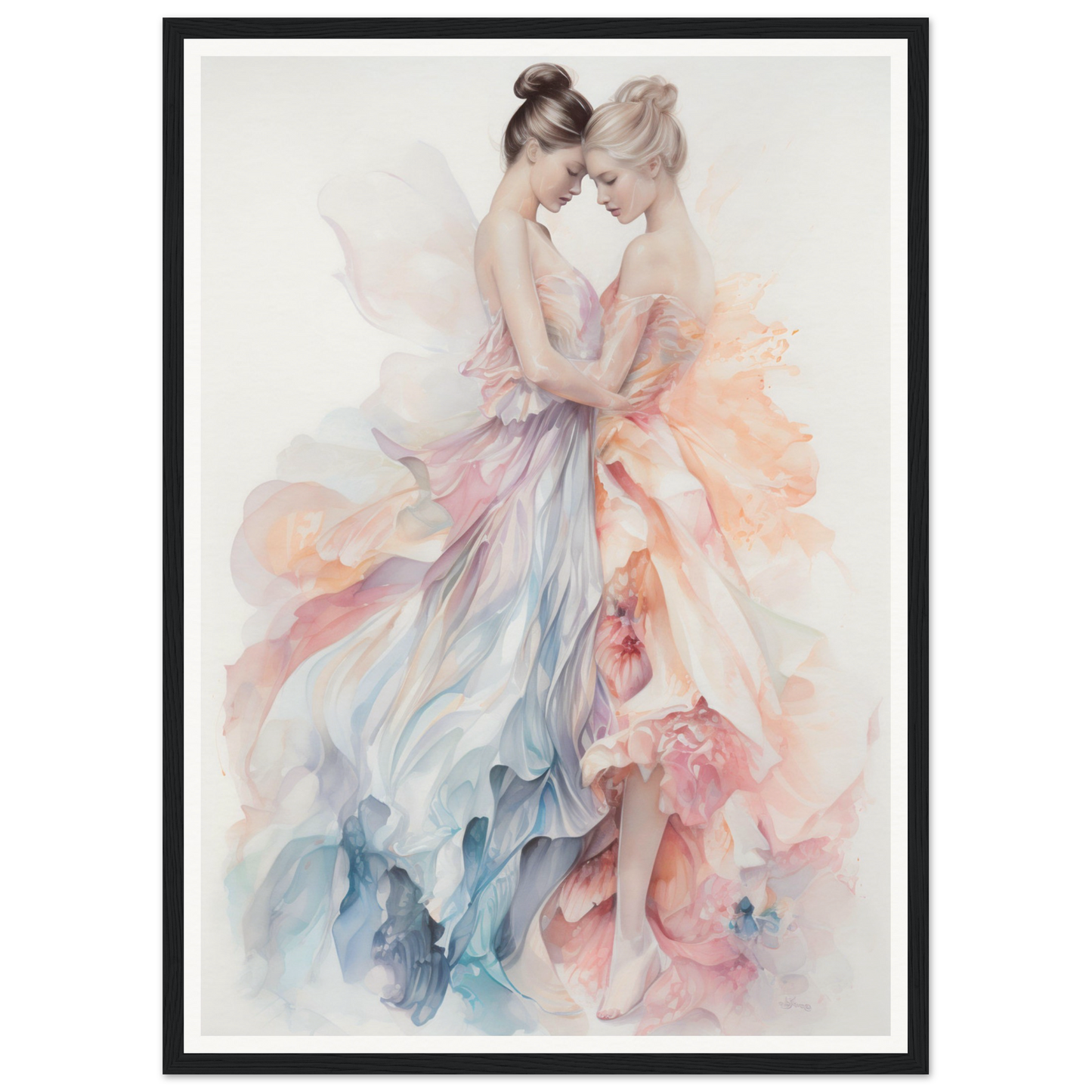 Watercolor painting of two ballet dancers in flowing pastel dresses.