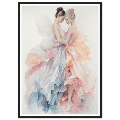 Watercolor painting of two ballet dancers in flowing pastel dresses.