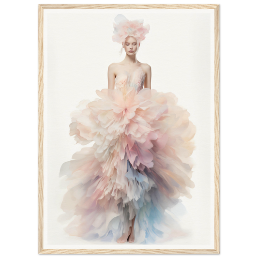 Ethereal figure wearing a voluminous, pastel-colored gown with a cloud-like silhouette.