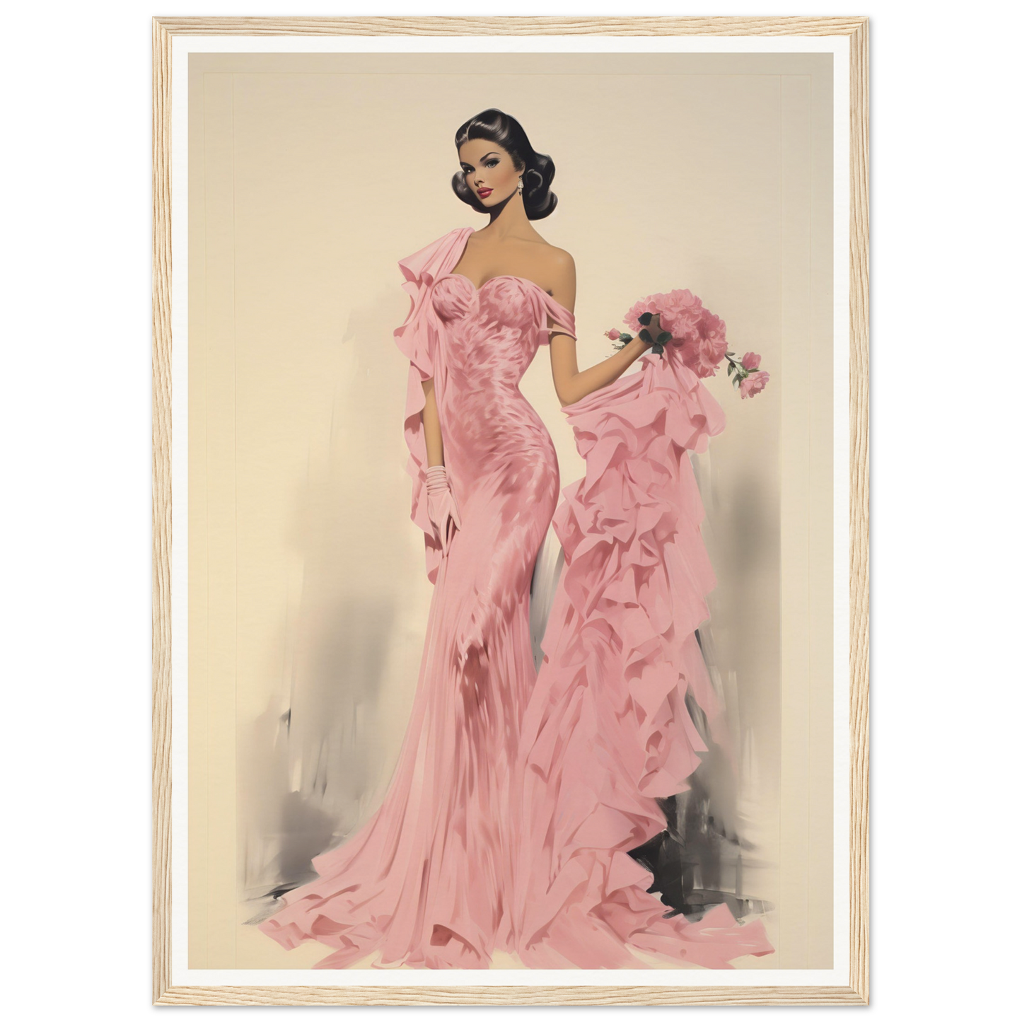 Woman wearing an elegant pink off-shoulder gown holding a bouquet of flowers.