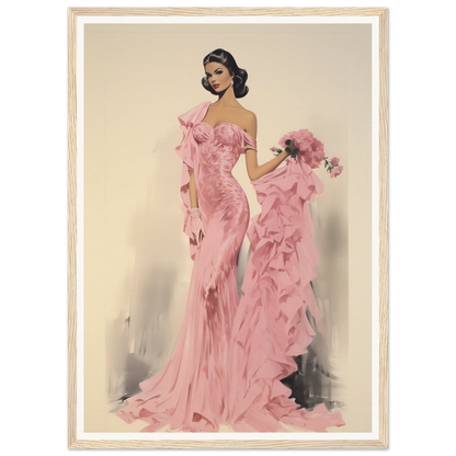 Woman wearing an elegant pink off-shoulder gown holding a bouquet of flowers.