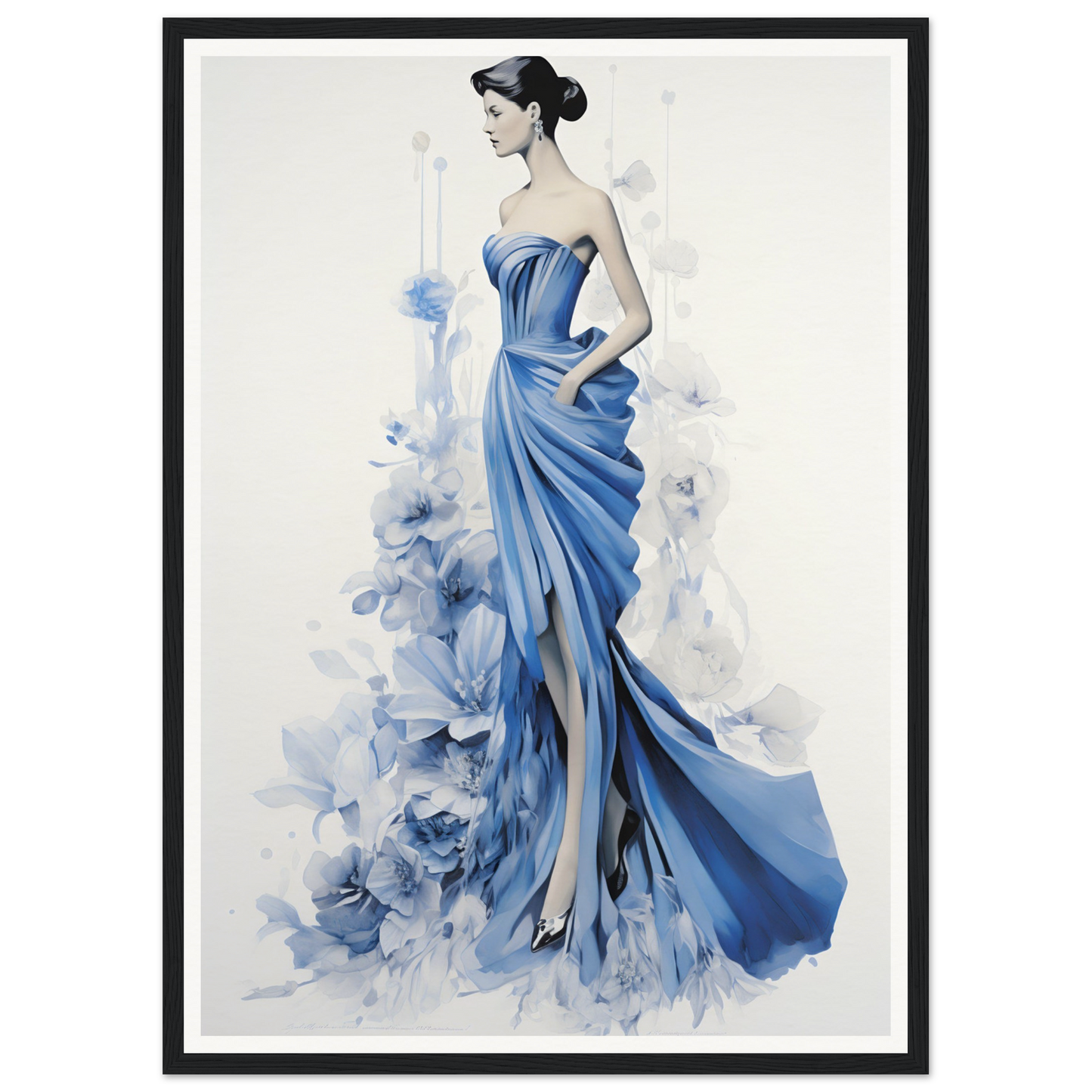 Elegant woman in a flowing blue gown with a strapless bodice and dramatic draped skirt.