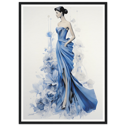 Elegant woman in a flowing blue gown with a strapless bodice and dramatic draped skirt.