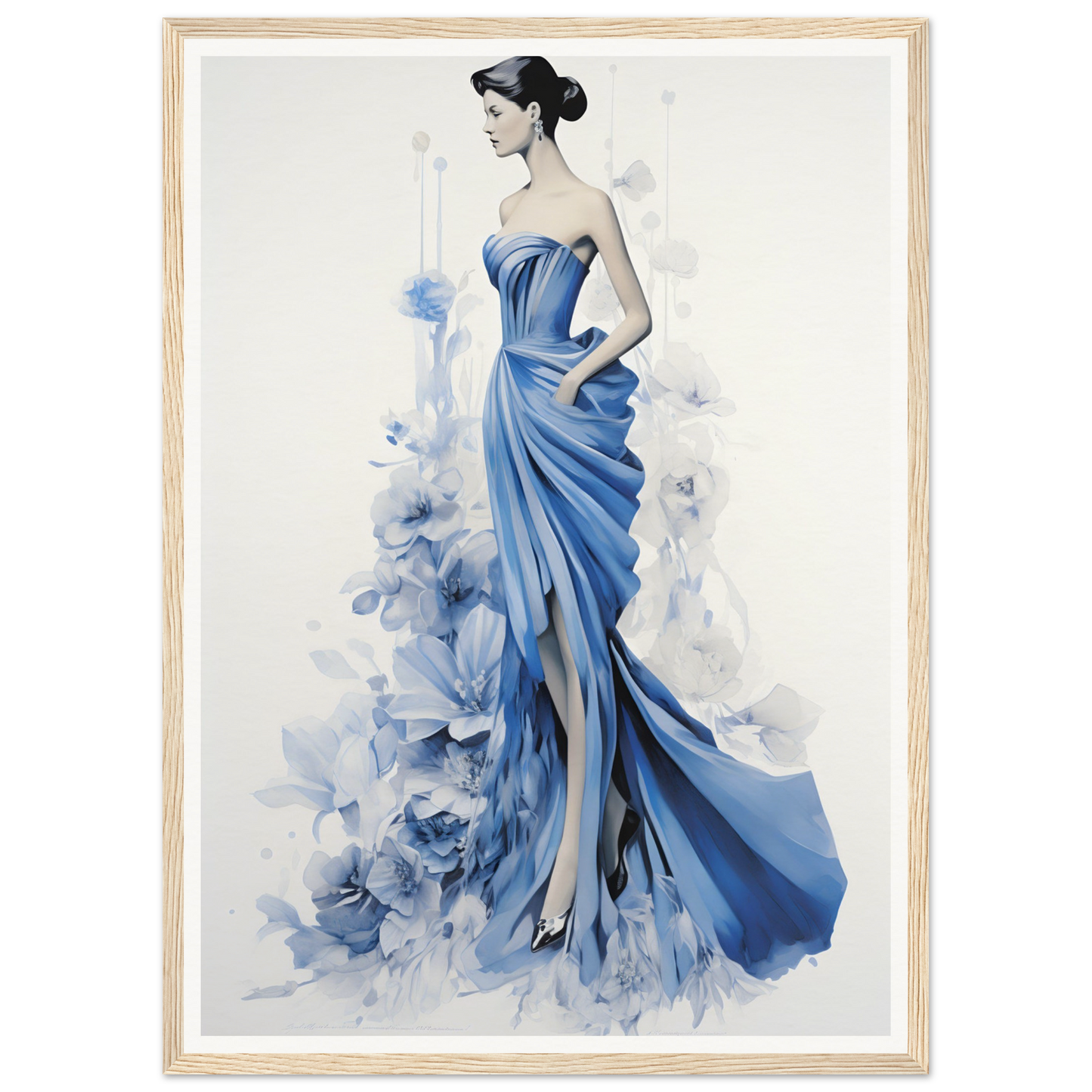 Elegant woman in a flowing blue gown with a strapless bodice and dramatic draped skirt.