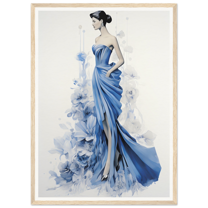 Elegant woman in a flowing blue gown with a strapless bodice and dramatic draped skirt.