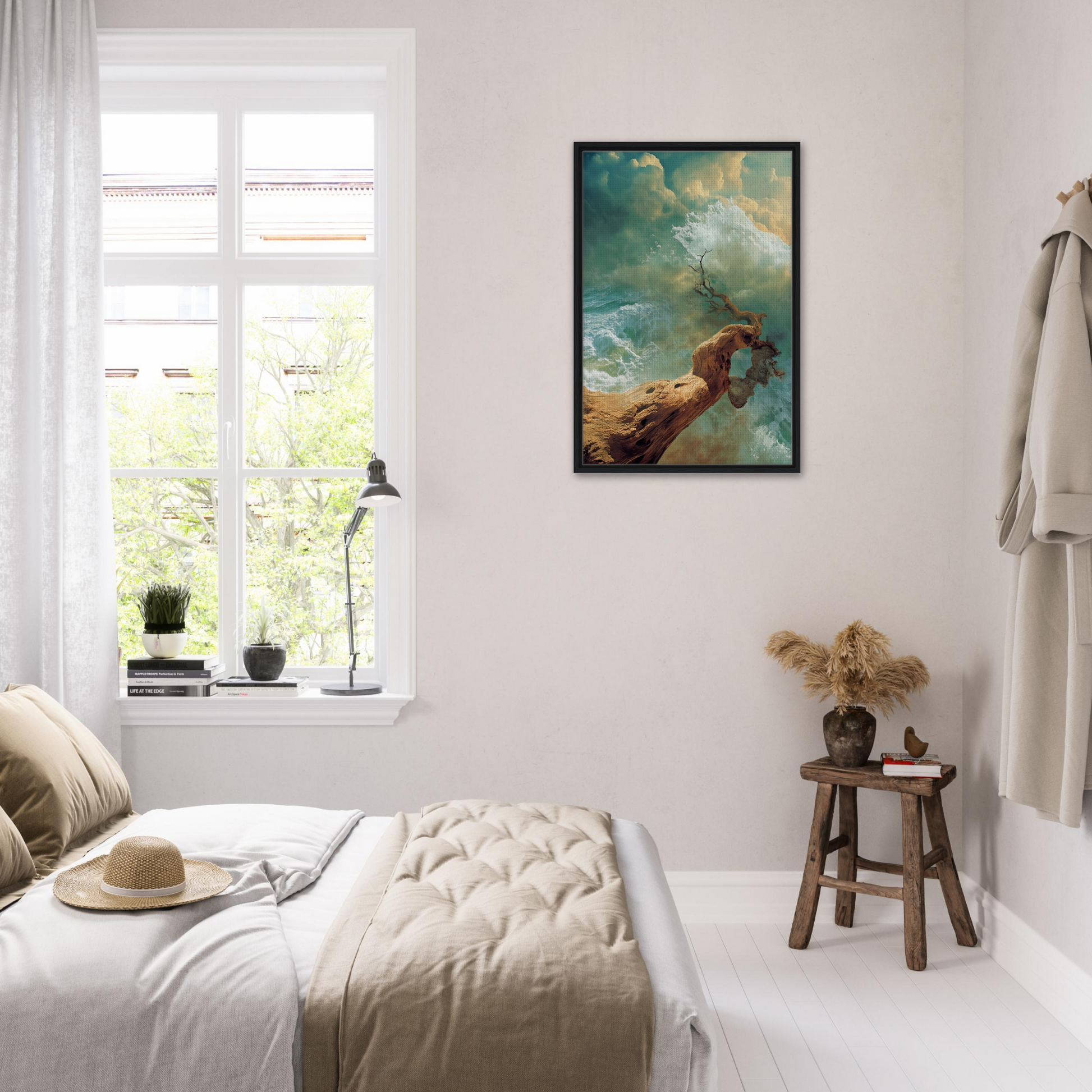 Serene bedroom featuring Driftwood Anarchy Whorl framed canvas print and white decor