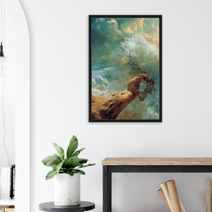 Framed surrealist painting of a figure in turbulent waters, Driftwood Anarchy Whorl