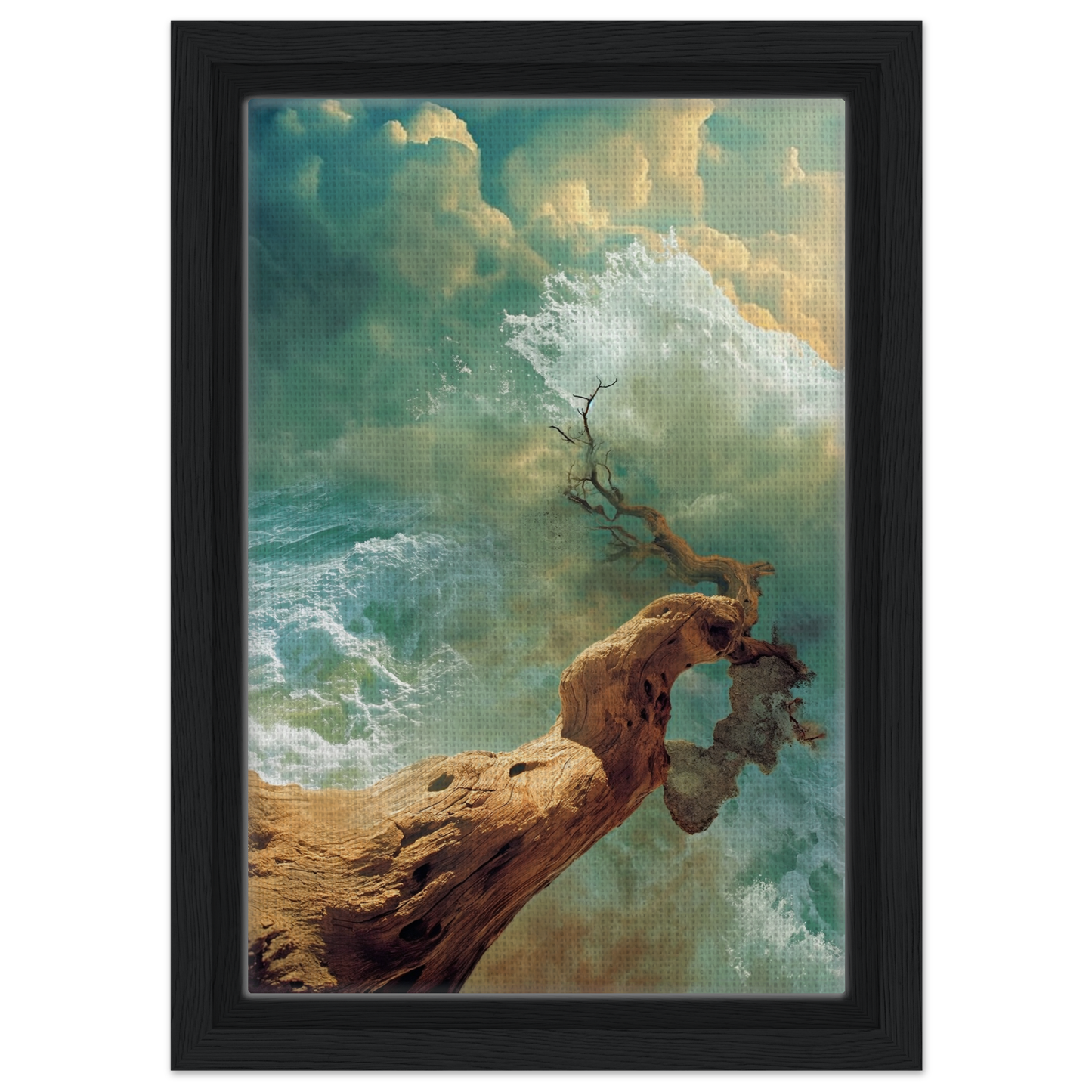 Gnarled driftwood emerges from turbulent waves in Driftwood Anarchy Whorl framed canvas print