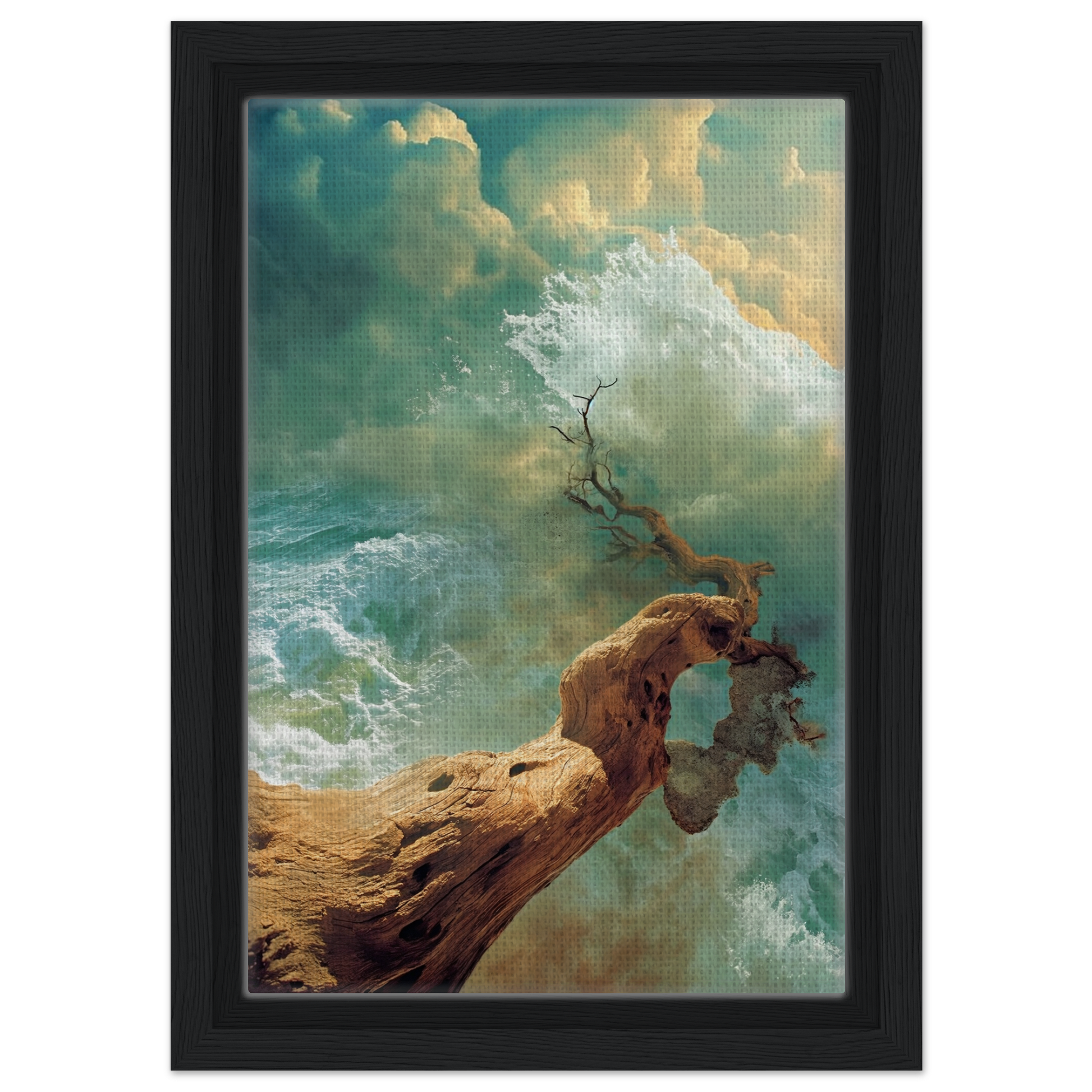 Gnarled driftwood emerges from turbulent waves in Driftwood Anarchy Whorl framed canvas print