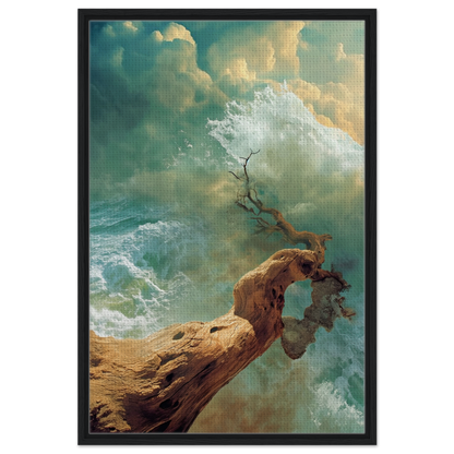 Gnarled driftwood emerging from turbulent waters in the Driftwood Anarchy Whorl print