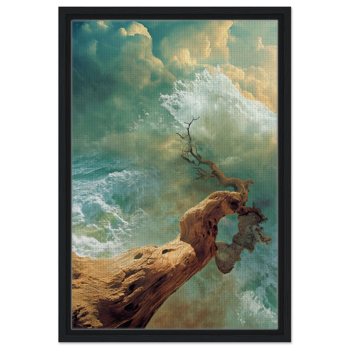 Gnarled tree trunk emerging from water in Driftwood Anarchy Whorl framed canvas print