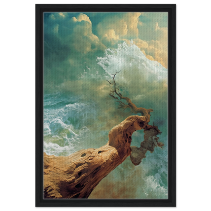 Gnarled tree trunk emerging from water in Driftwood Anarchy Whorl framed canvas print