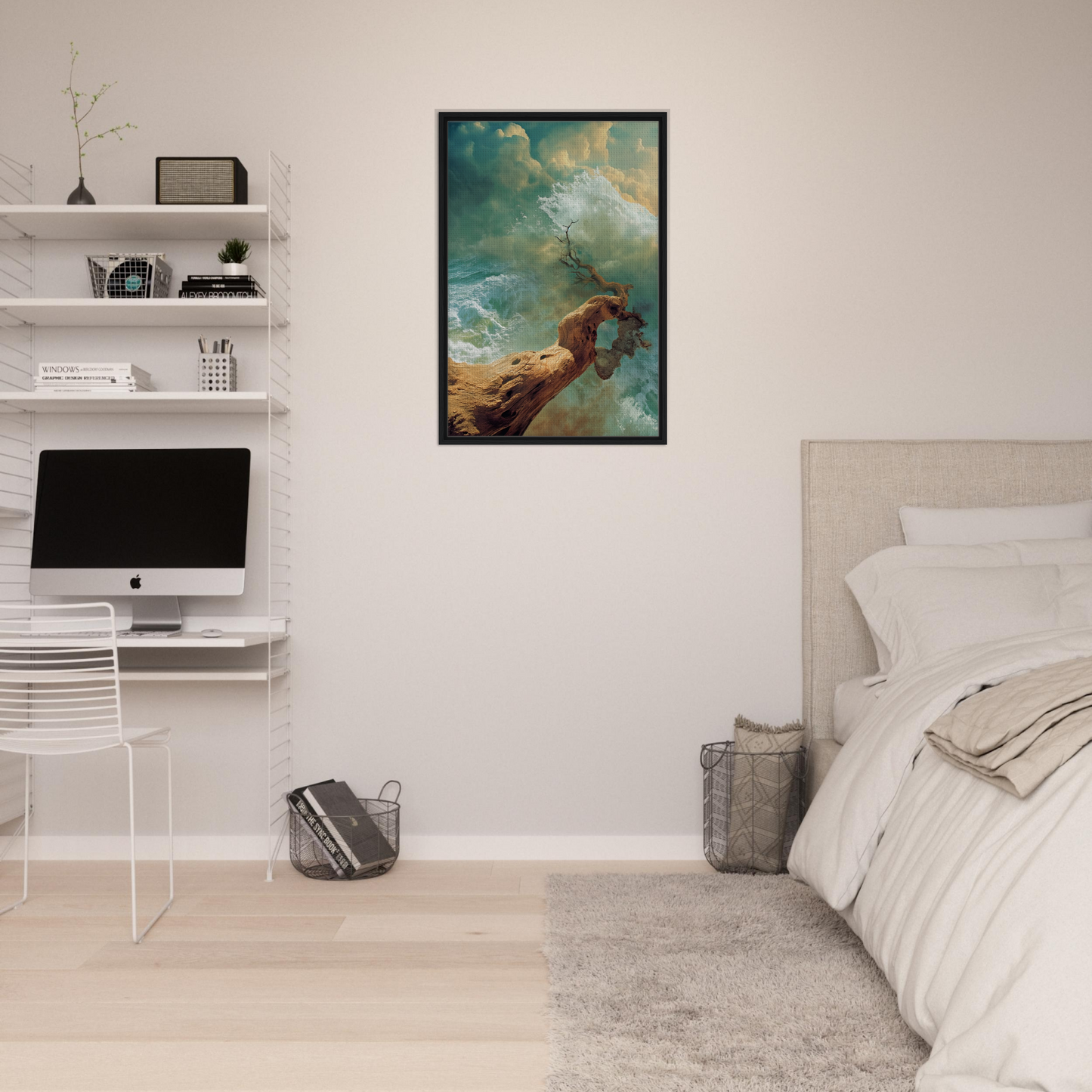 Framed artwork of Driftwood Anarchy Whorl with a hand reaching for clouds as room decor