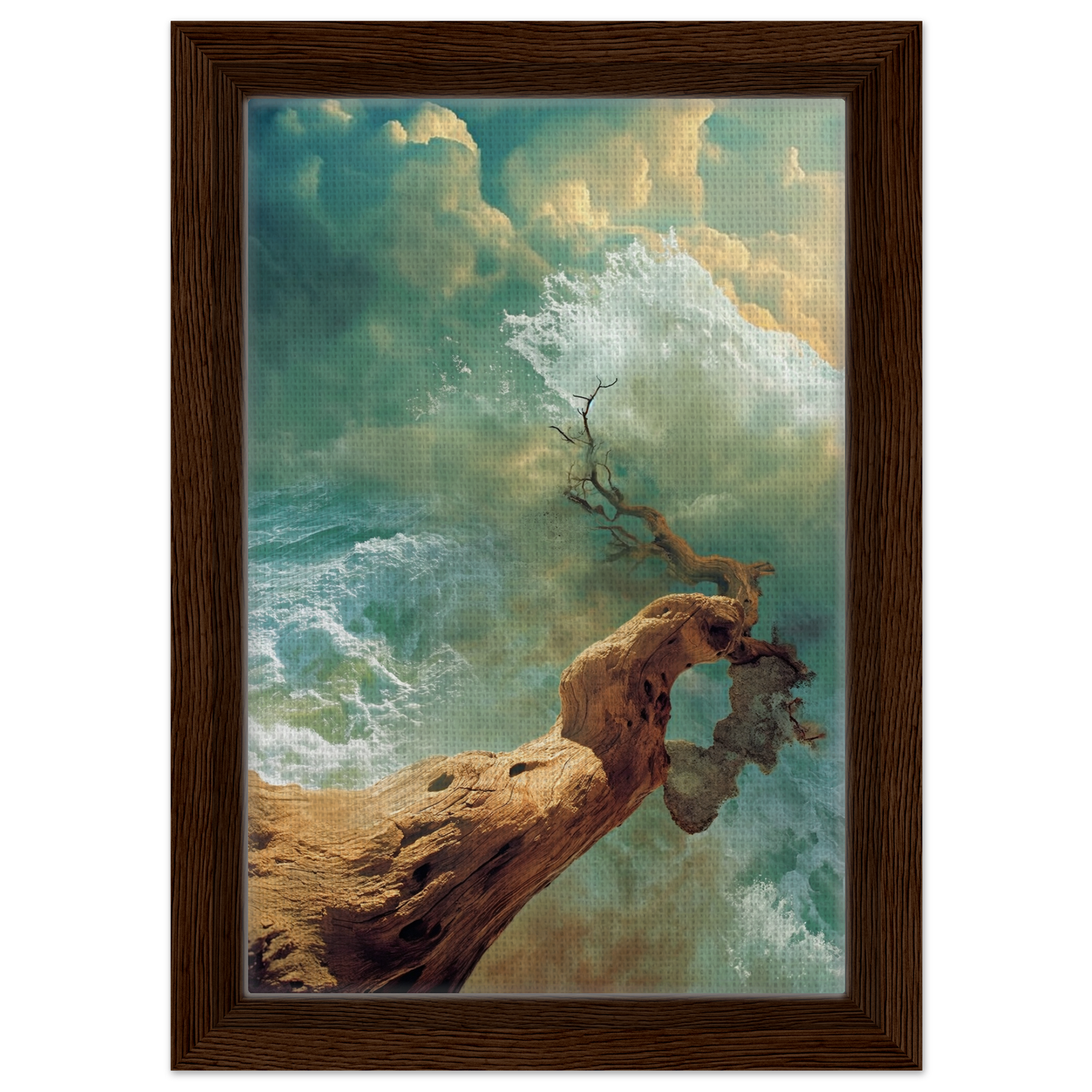 Gnarled tree trunk emerging from ocean waves for Driftwood Anarchy Whorl room decor