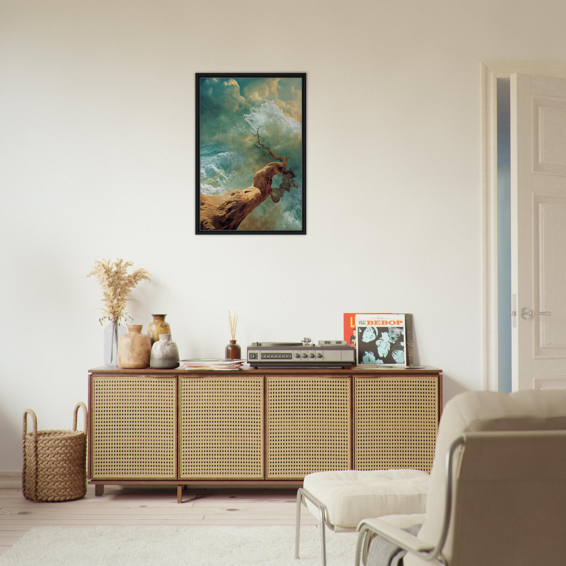 Wooden sideboard with cane-webbed doors, enhancing the Driftwood Anarchy Whorl room decor