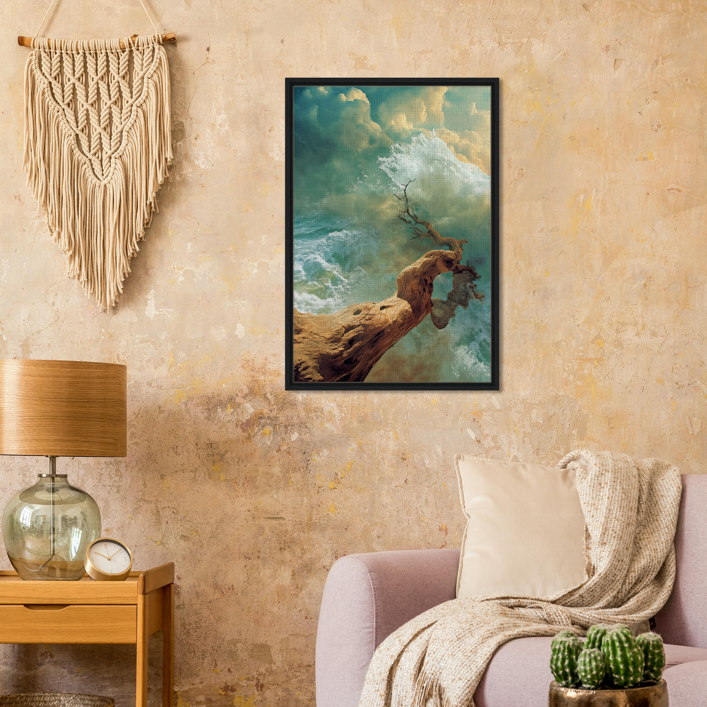 Framed surrealist painting of a person floating in clouds with a deer, Driftwood Anarchy Whorl