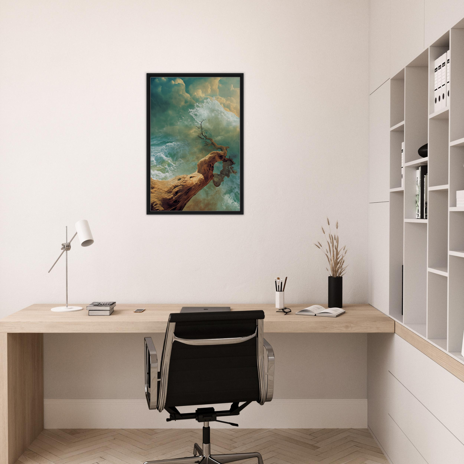 Framed canvas print featuring a mermaid-like figure in Driftwood Anarchy Whorl