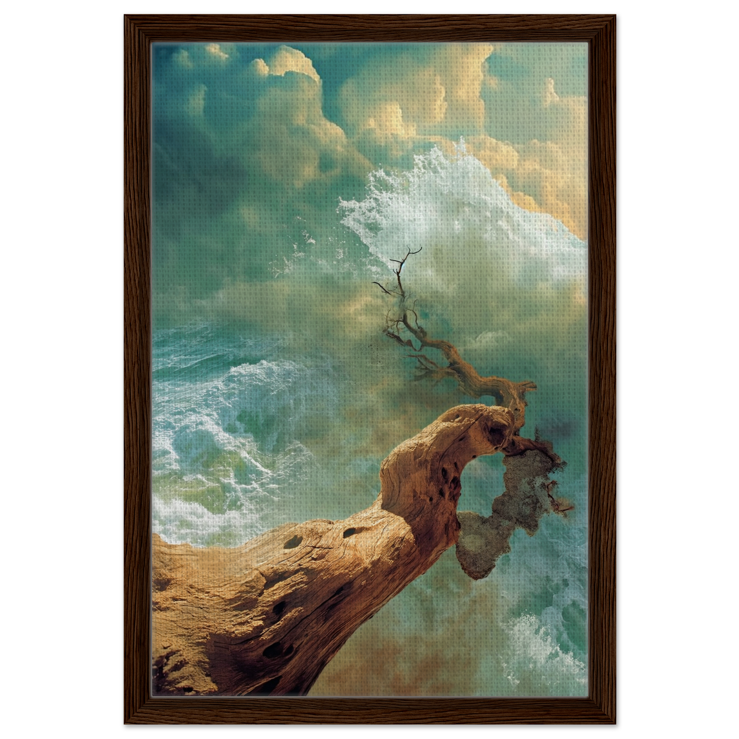 Gnarled driftwood emerging from turbulent waters in Driftwood Anarchy Whorl framed canvas print