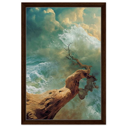 Gnarled driftwood emerging from turbulent waters in Driftwood Anarchy Whorl framed canvas print