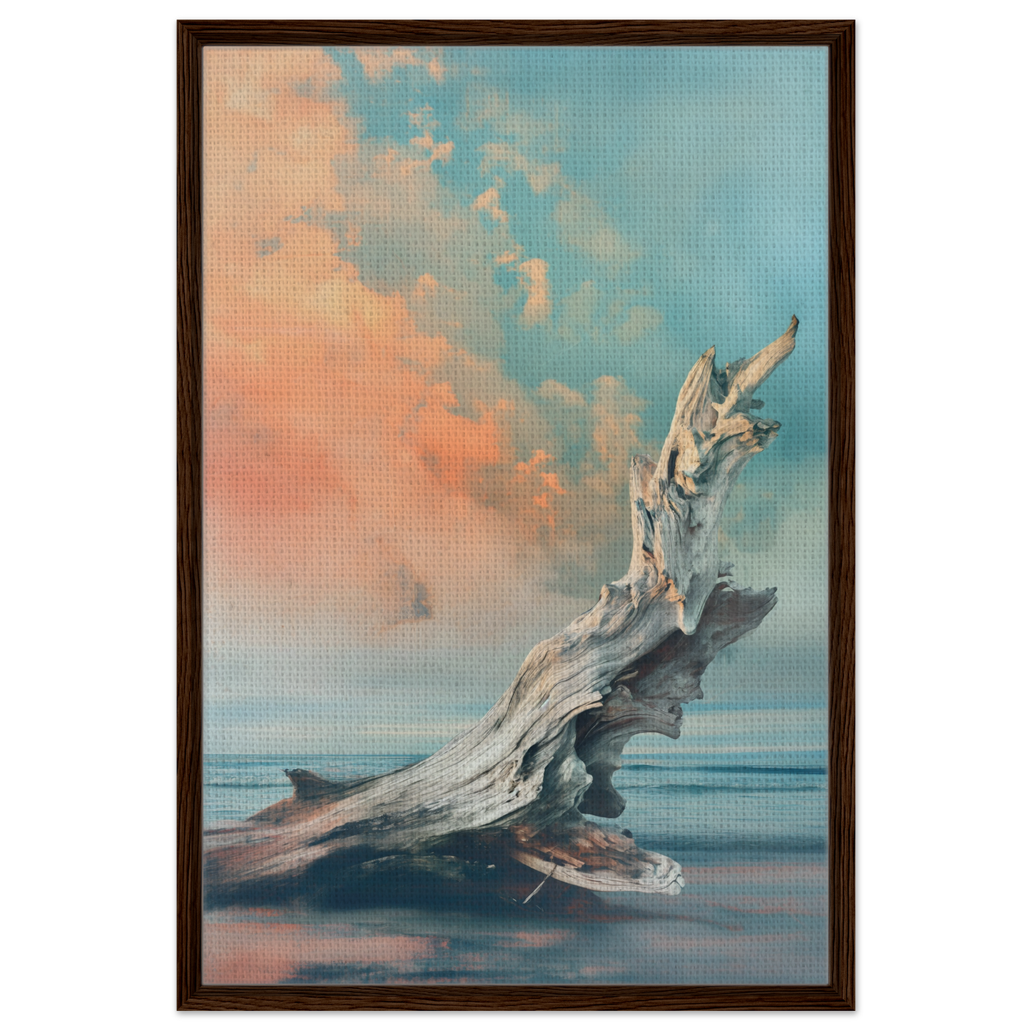 Weathered driftwood piece in water with colorful sky, ideal for Driftwood Miragesauté room decor