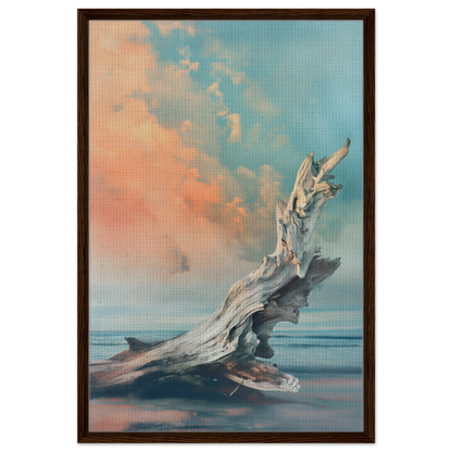 Weathered driftwood piece in water with colorful sky, ideal for Driftwood Miragesauté room decor