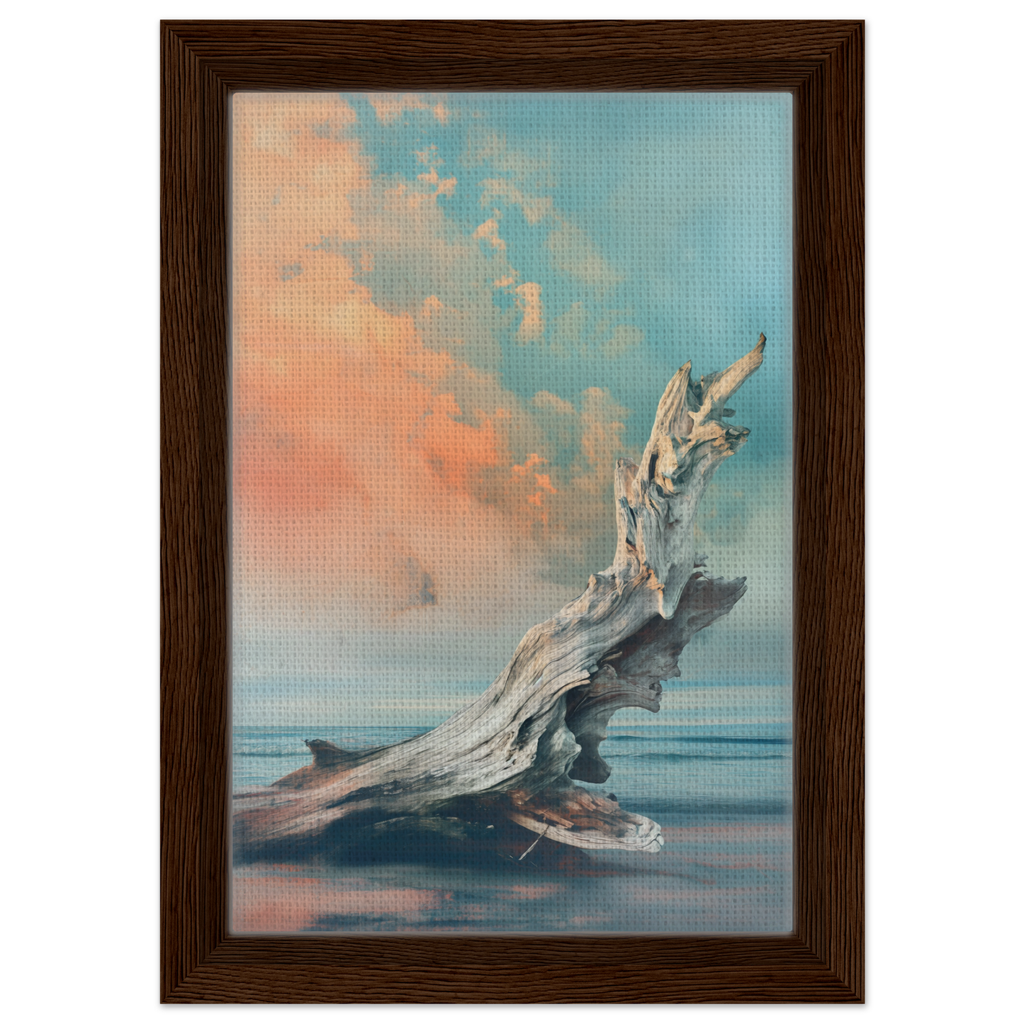 Weathered driftwood on a beach featured in a Driftwood Miragesauté framed canvas print