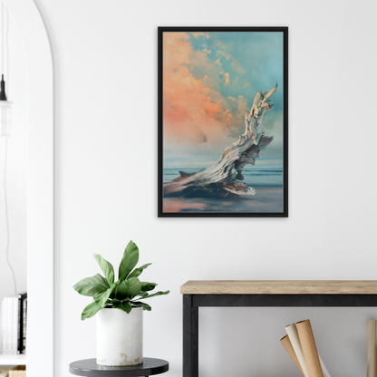 Framed canvas of Driftwood Miragesauté showcasing surreal art against a pastel sky