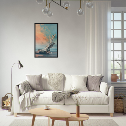 White sofa with throw pillows and blankets beside Driftwood Miragesauté framed canvas