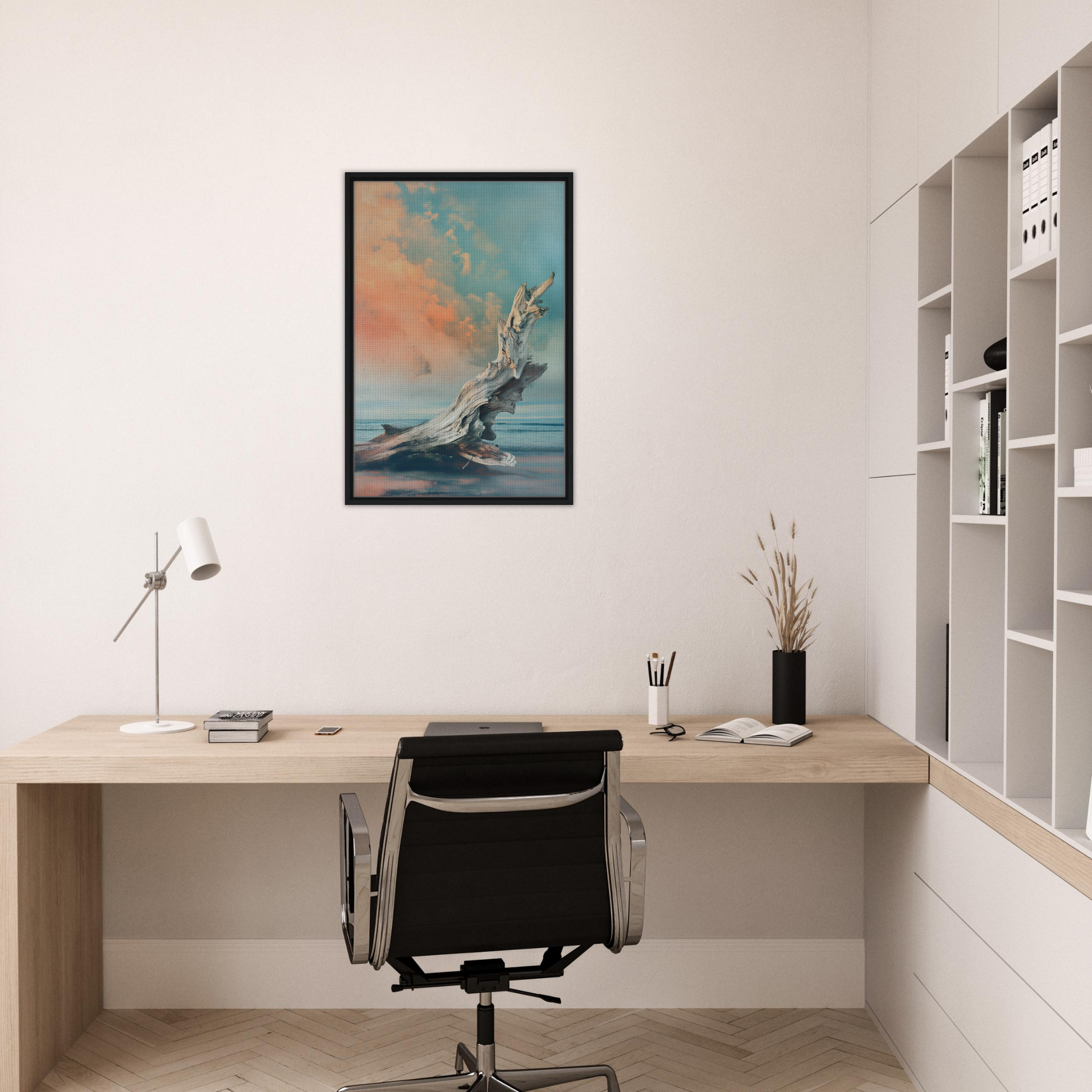 Minimalist home office featuring Driftwood Miragesauté with framed canvas and sleek decor