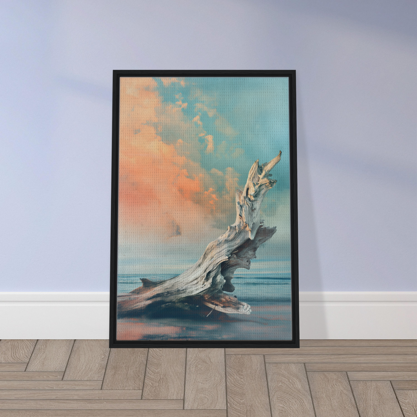 Framed canvas of Driftwood Miragesauté with a log on water and vibrant sky for room decor