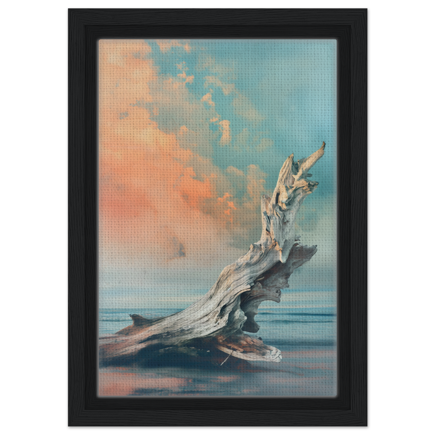 Weathered driftwood on beach featured in Driftwood Miragesauté framed canvas room decor