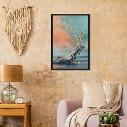 Framed canvas of Driftwood Miragesauté with a vibrant sky, ideal for room decor