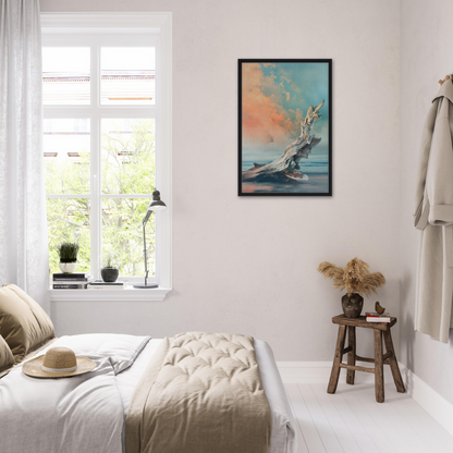 Cozy bedroom featuring Driftwood Miragesauté, a bed, and framed canvas artwork